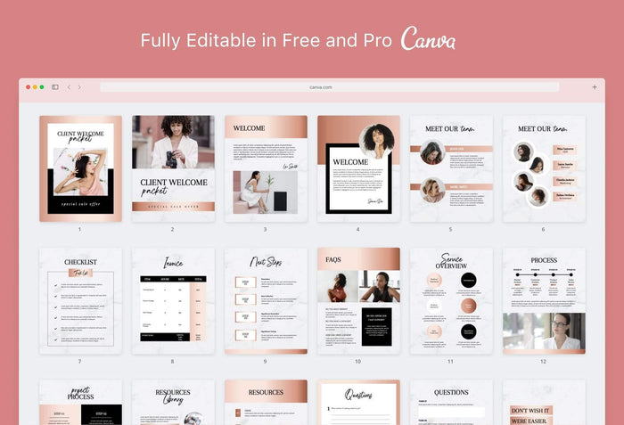 Ladystrategist 21 Page Client Welcome Packet for Coaches Editable Canva Template Black Rose Gold Collection instagram canva templates social media templates etsy free canva templates
