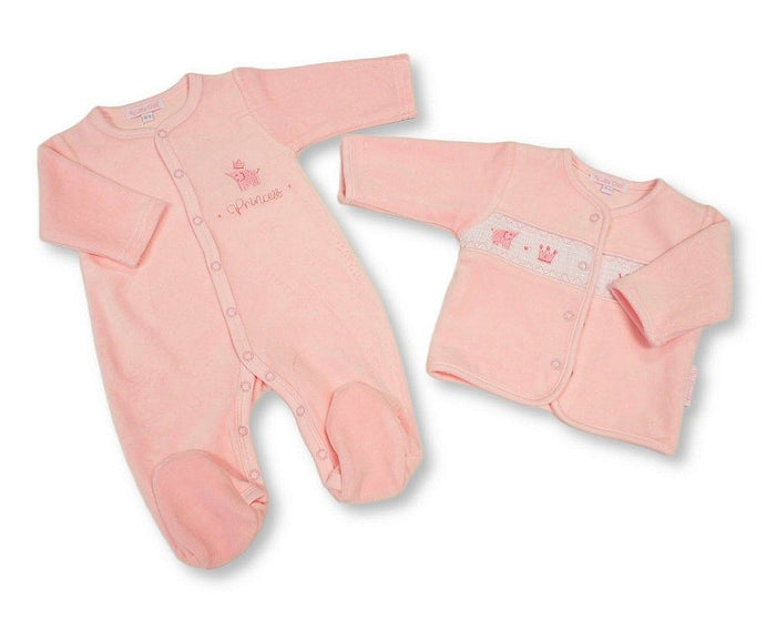 Baby Girls Velour 2 pcs Set with Smocking - Princess (NB-6m) (PK6) - BW-13-437