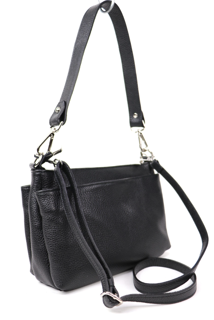 Bagitali Triple Zip Leather Shoulder / Crossbody Bag - Black