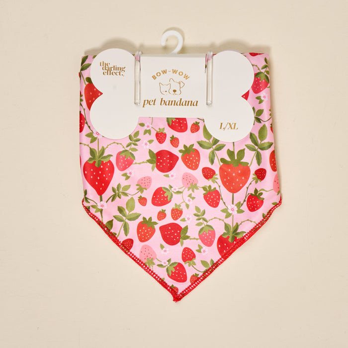 The Darling Effectβs Bow-Wow Pet Bandana-Strawberry Fields is a pink cotton bandana with red strawberries, packaged with a white hanger and gold-lettered L/XL labelβa charming accessory to add flair to your dog's style.