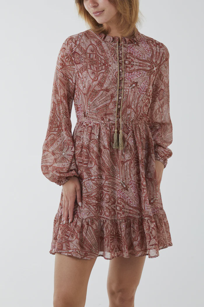 Button Through Peasant Collar Mini Dress - Rust