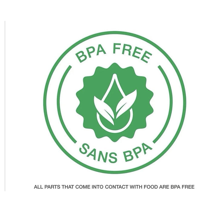 Catalog graphic reading BPA FREE and stating that all parts that come into contact with food are BPA free.