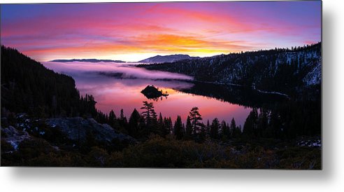 Emerald Bay Foggy Fire - Metal Print by Brad Scott