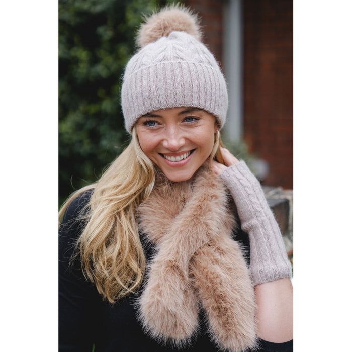 Knitted Faux Fur Bobble Hat - Cappuccino