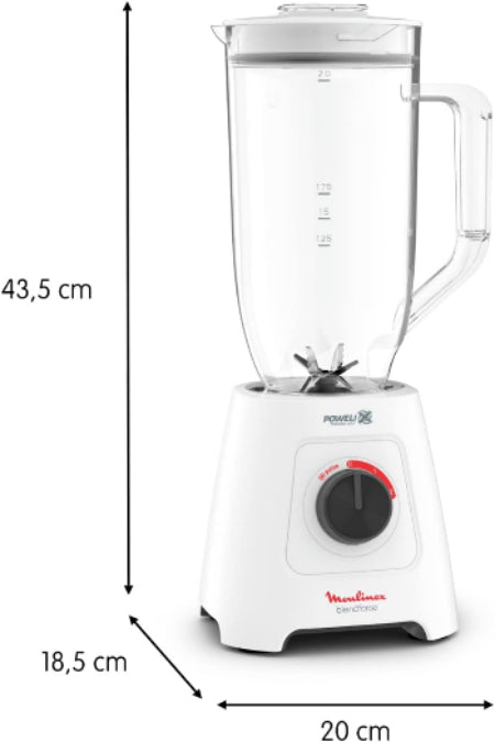 Blender with dimensions labeled on a white background