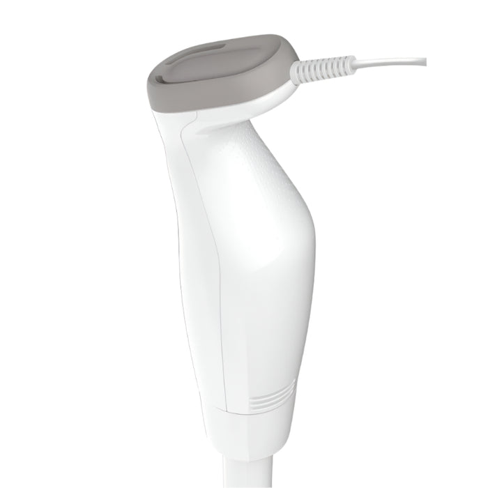 White handheld device with a gray top on a white background