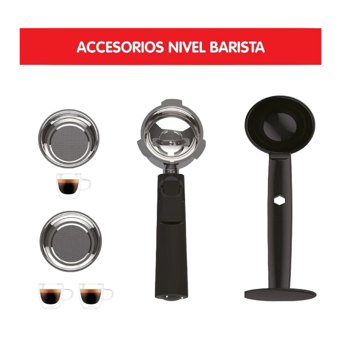 Barista accessories including a portafilter, scoop, and filters on a white background with 'Accesorios Nivel Barista' text.