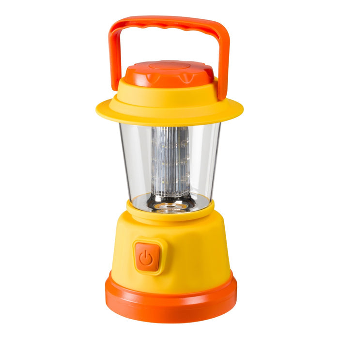 The Outdoor Discovery LED Lantern by Outdoor Discovery features a bright yellow and orange design, clear cylindrical center, front power button, and handle—perfect for kids’ camping adventures or emergency lighting.