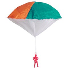 The Toysmith Base Jumper by Toysmith features a small red figure attached to a parachute with orange, green, and white panelsβgreat for fun outdoor play as it floats gently to the ground.