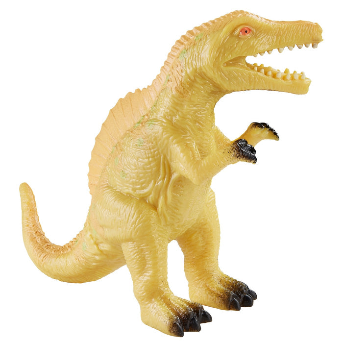 The Toysmith Dino Squishimals is a yellow dinosaur toy with a ridged back, sharp teeth, small arms, and black-tipped claws and toesโideal for fans of squishy dinosaurs and fidget toys.