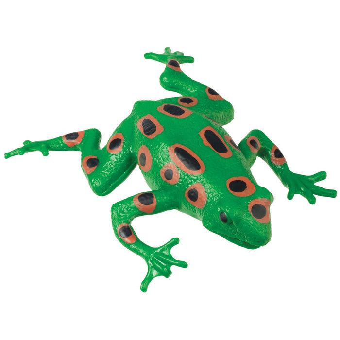 A Toysmith Frog Squishimals toy by Toysmith with green textured skin and black-outlined red spots on its back and legs, ideal for sensory play or fidgeting, shown from above on a white background.