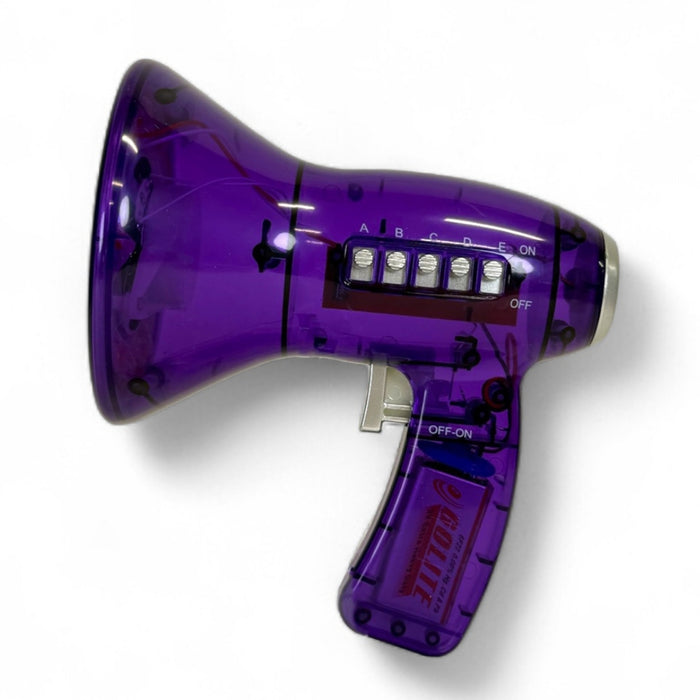 The Toysmith Mega Voice Changer by Toysmith is a transparent purple megaphone with visible inner parts, labeled top buttons, and an on/off handle switch—great for parties or as a fun voice morphing toy.