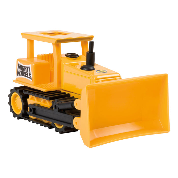 The Toysmith Mighty Wheels bulldozer features black tracks, a large front blade, and the Mighty Wheels logo on the sideโperfect for hands-on play.