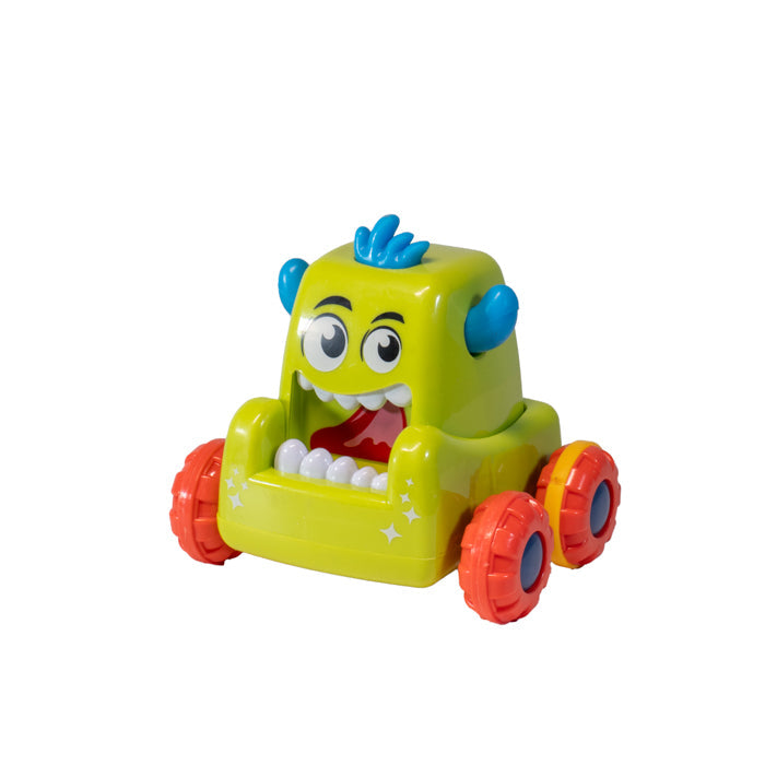 The Toysmith Push 'N Go Monsters toy car features a bright green body, blue horns, big cartoon eyes, white teeth, and red wheels for fast, easy playβshown on a white background.