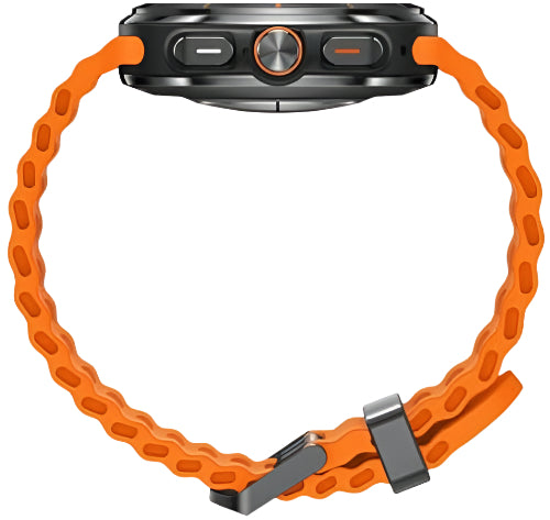 Orange chain strap with a black smartwatch on a white background