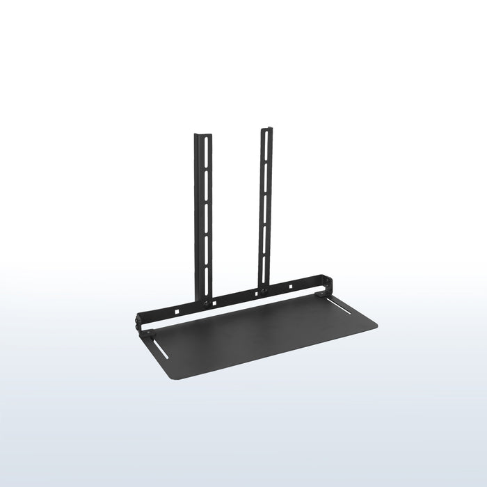 Sturdy VESA monitor shelf with solid steel mount brackets for convenient storage, a clean modern workspace display, and holding devices, accessories, controllers, routers, and speakers.