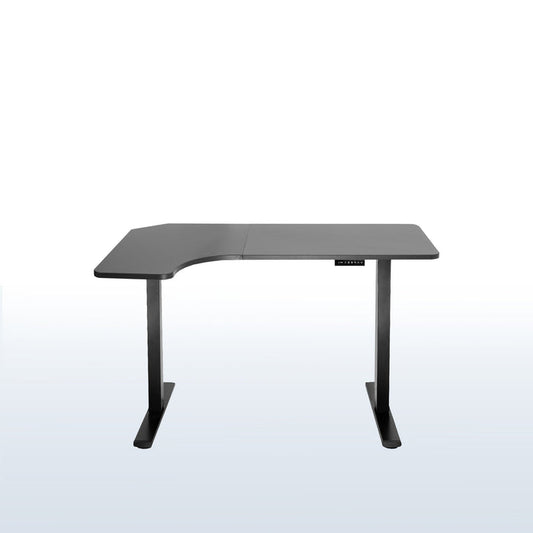 Slight side curved electric desk with room for office equipment.