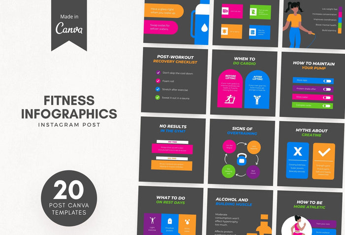 Ladystrategist 20 Fitness Infographics Instagram Posts Fully Editable Canva Templates V3 instagram canva templates social media templates etsy free canva templates