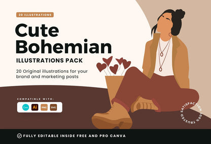 Ladystrategist 20 Unique Cute Bohemian Illustrations Fully Editable in Canva instagram canva templates social media templates etsy free canva templates