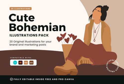 Ladystrategist 20 Unique Cute Bohemian Illustrations Fully Editable in Canva instagram canva templates social media templates etsy free canva templates