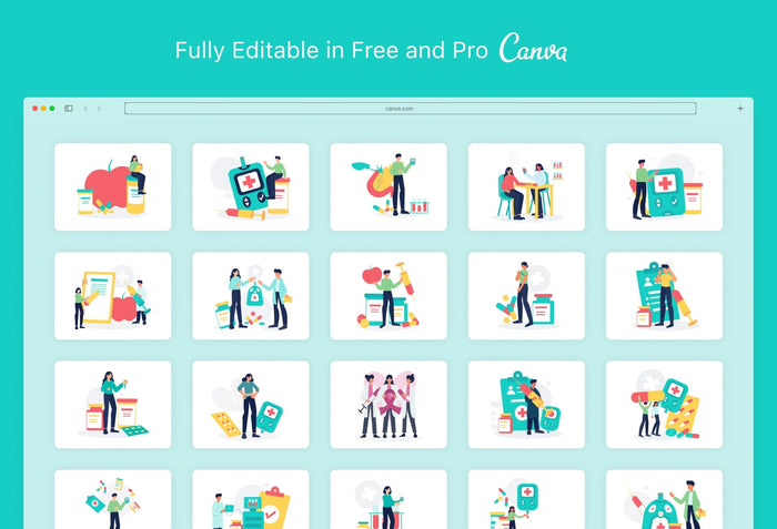 Ladystrategist 20 Unique Diabetes Scenes Illustrations Fully Editable in Canva instagram canva templates social media templates etsy free canva templates