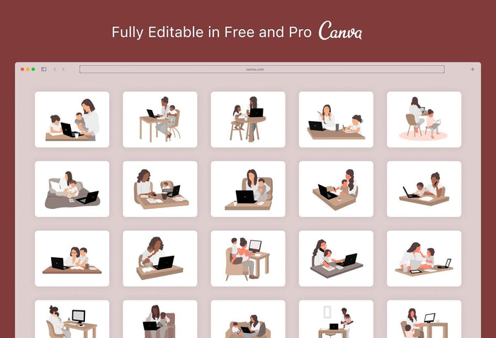 Ladystrategist 20 Unique Mompreneur Illustrations Fully Editable in Canva instagram canva templates social media templates etsy free canva templates