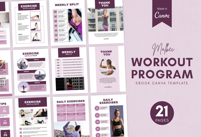Ladystrategist 21 Page Workout Program Ebook Malbec Canva Templates instagram canva templates social media templates etsy free canva templates