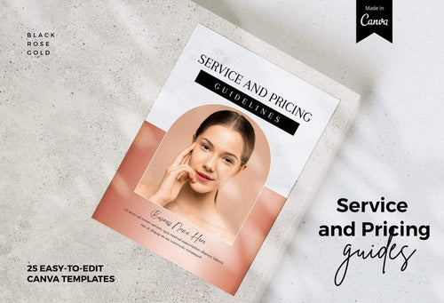 Ladystrategist 25 Page Service and Pricing Guide Editable Canva Template Black Rose Gold Collection instagram canva templates social media templates etsy free canva templates