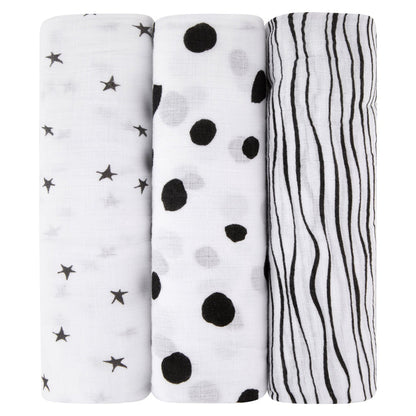 3 Pack Cotton Muslin Swaddle Blanket - Black & White Abstract