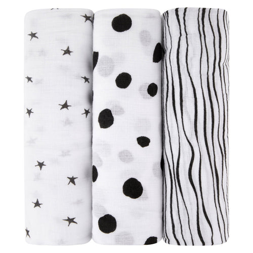 3 Pack Cotton Muslin Swaddle Blanket - Black & White Abstract