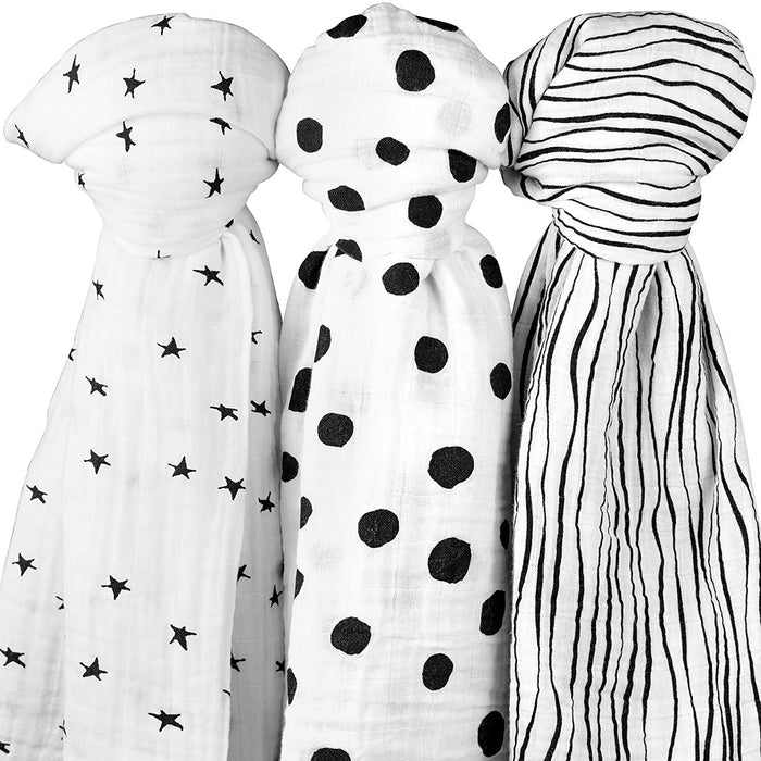 3 Pack Cotton Muslin Swaddle Blanket - Black & White Abstract
