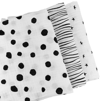 3 Pack Cotton Muslin Swaddle Blanket - Black & White Abstract