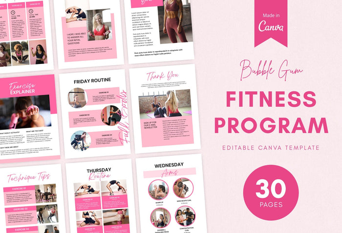 Ladystrategist 30 Page Fitness Program Template Bubble Gum Editable Canva Template instagram canva templates social media templates etsy free canva templates