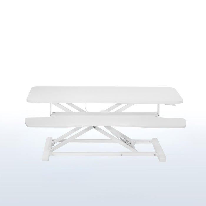 Heavy-duty height adjustable desk converter monitor riser with 2 tiers.