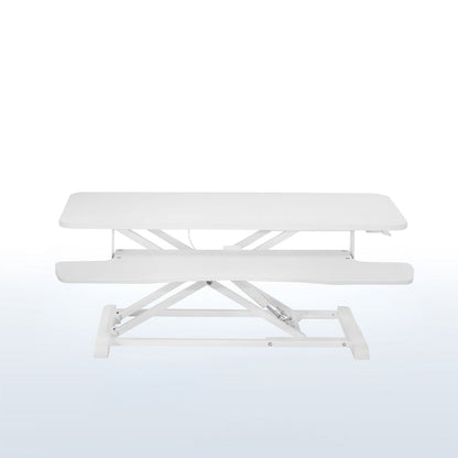 Heavy-duty height adjustable desk converter monitor riser with 2 tiers.