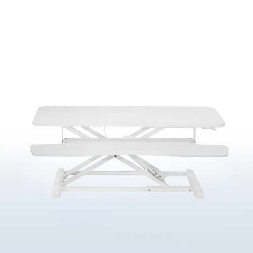 Heavy-duty height adjustable desk converter monitor riser with 2 tiers.