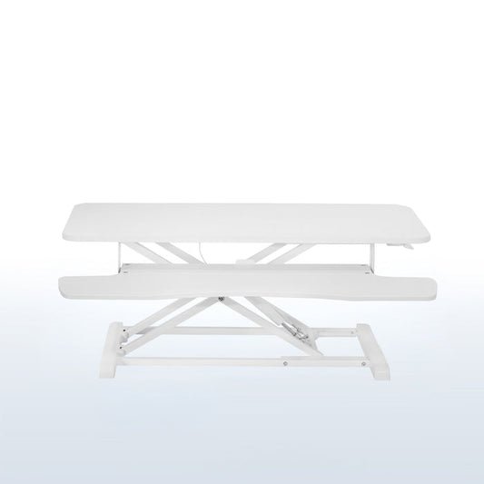 Heavy-duty height adjustable desk converter monitor riser with 2 tiers.