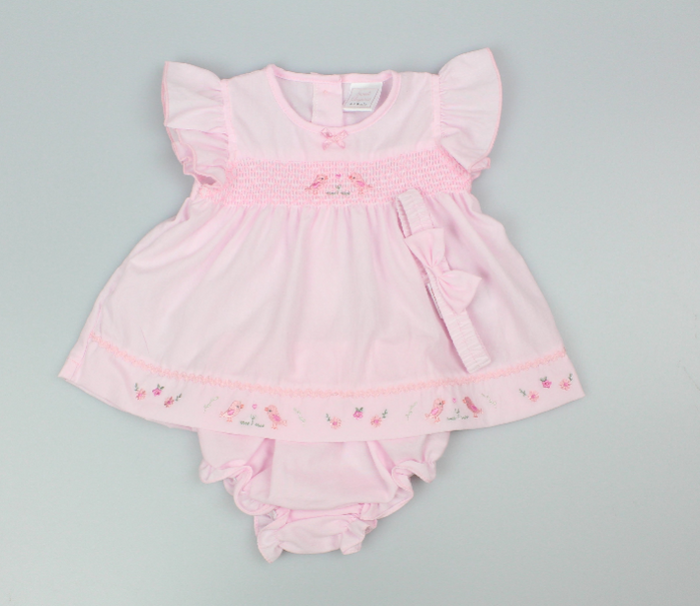 3pc Baby Girls Dress Set - Pink Birds (NB-6m) (PK6) - K14229