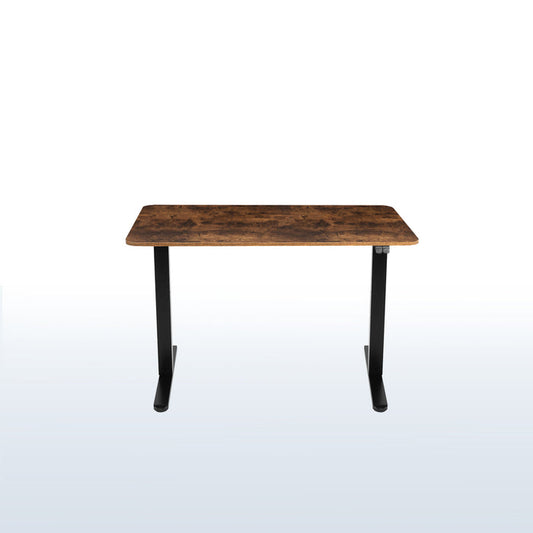 Heavy-duty rustic electric height adjustable desktop workstation for active sit or stand efficient workspace.