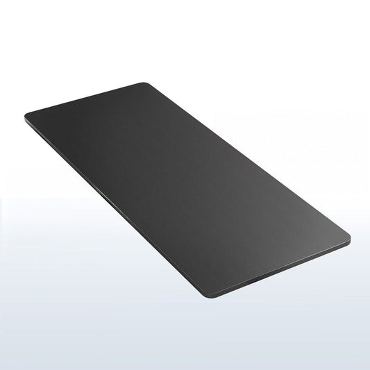 Black, one piece desk top on a white and blue gradient background