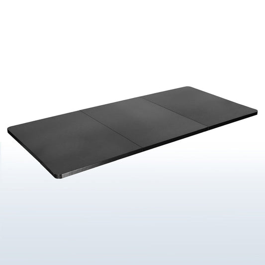 Durable sit to stand desk tabletop workstation with three-panel wide surface space.