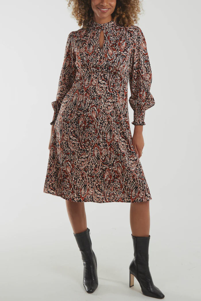 Abstract Paisley High Neck Keyhole Midi Dress