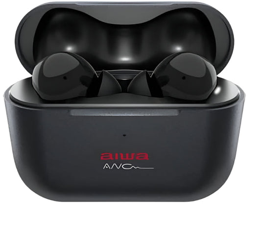 Black wireless earbuds in an open charging case with 'aiwa' branding.