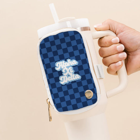 The Darling Effect's Alpha Xi Delta Tumbler Fanny Pack is a blue checkered, water-resistant accessory with white Alpha Xi Delta text—perfect for on-the-go sisters to pair with their sorority tumblers.
