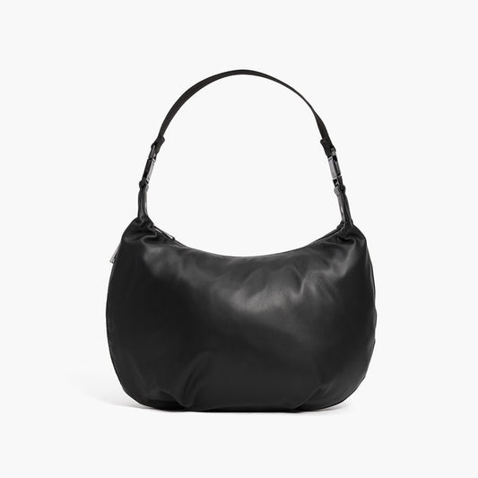 front view of the Aoyama Leather in Black with Gunmetal hardware and a short shoulder length strap