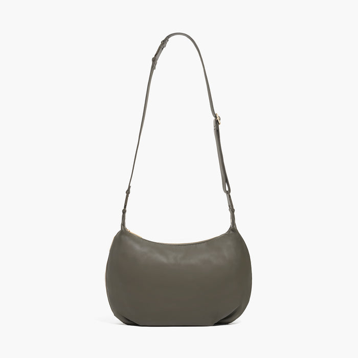 front view of Aoyama 2 Leather in Green with a long crossbody strap length