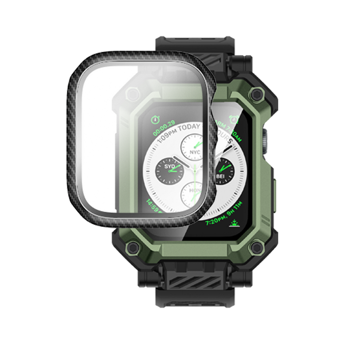 Apple Watch Unicorn Beetle PRO GLASS Rugged Wristband Case with Tempered Glass Screen Protector 45mm-Dark Green