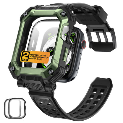 Apple Watch Unicorn Beetle PRO GLASS Rugged Wristband Case with Tempered Glass Screen Protector 45mm-Dark Green