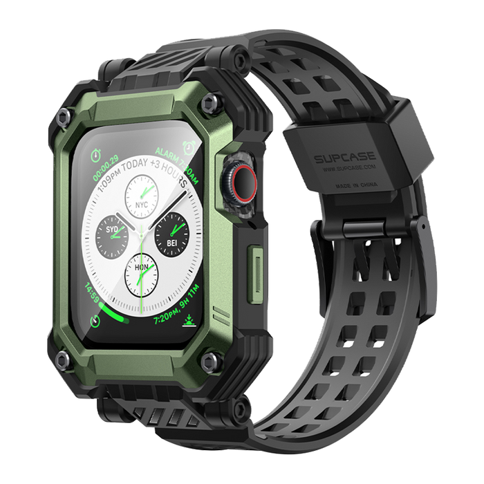 Apple Watch Unicorn Beetle PRO GLASS Rugged Wristband Case with Tempered Glass Screen Protector 45mm-Dark Green