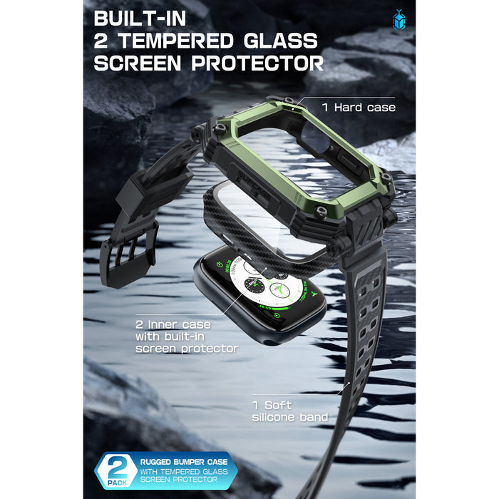 Apple Watch Unicorn Beetle PRO GLASS Rugged Wristband Case with Tempered Glass Screen Protector 45mm-Dark Green